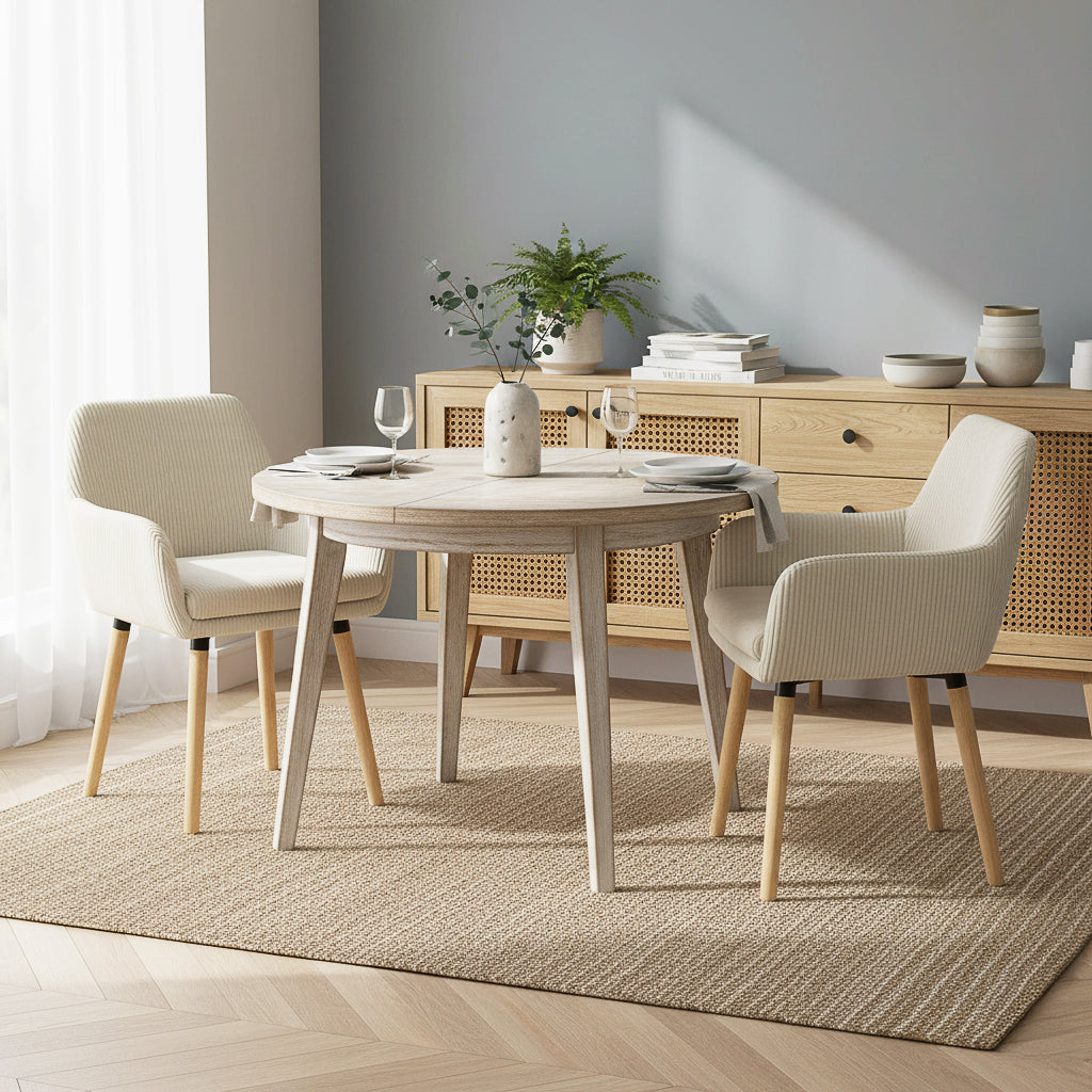 Elia - Ensemble de 2 chaises de salle à manger scandinaves en velours côtelé beige avec accoudoirs et pieds en bois