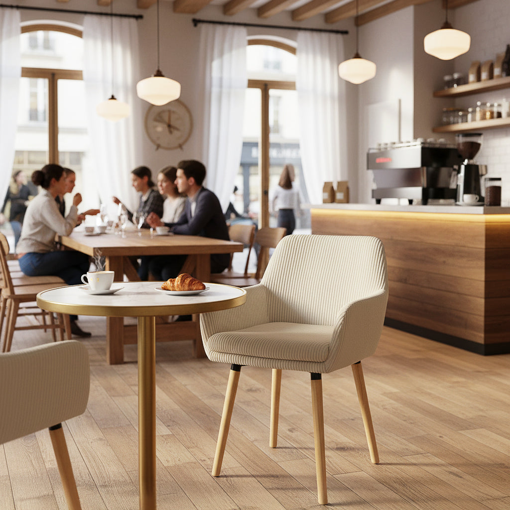Elia - Ensemble de 2 chaises de salle à manger scandinaves en velours côtelé beige avec accoudoirs et pieds en bois