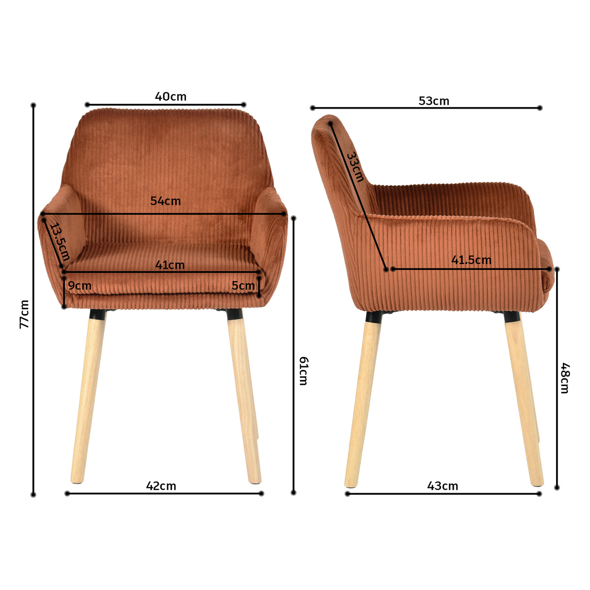 Elia - Ensemble de 2 chaises de salle à manger scandinaves en velours côtelé rouge brique avec accoudoirs et pieds en bois