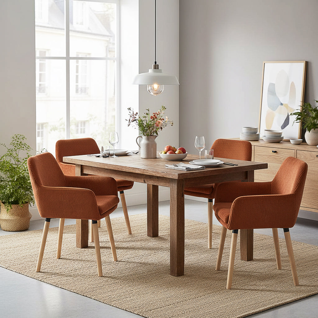 Elia - Ensemble de 2 chaises de salle à manger scandinaves en velours côtelé rouge brique avec accoudoirs et pieds en bois