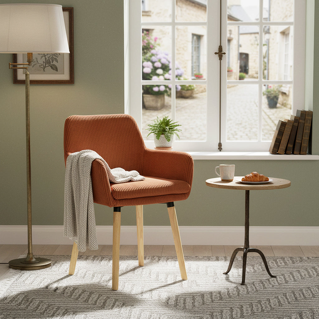 Elia - Ensemble de 2 chaises de salle à manger scandinaves en velours côtelé rouge brique avec accoudoirs et pieds en bois