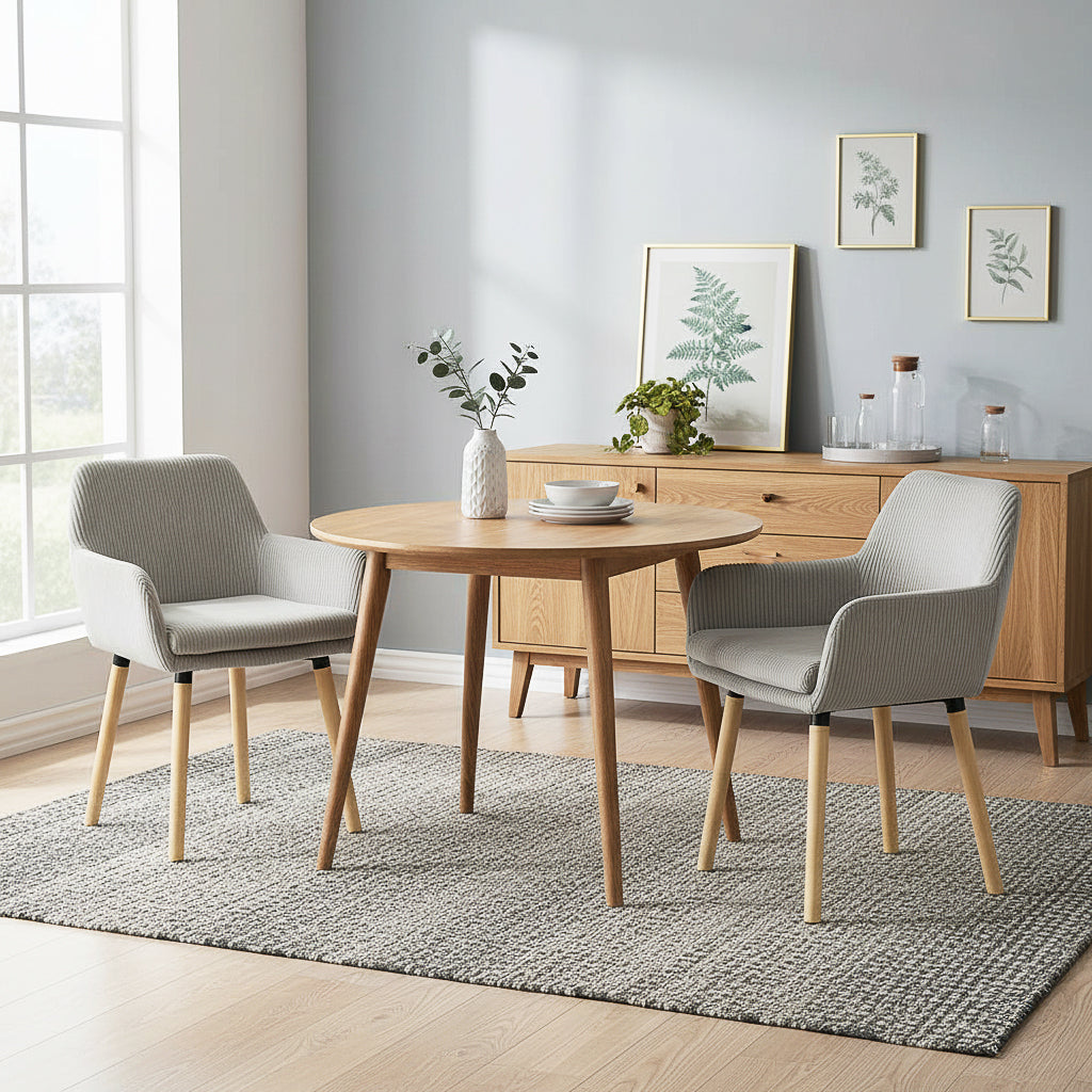 Elia - Ensemble de 2 chaises de salle à manger scandinaves en velours côtelé gris clair avec accoudoirs et pieds en bois
