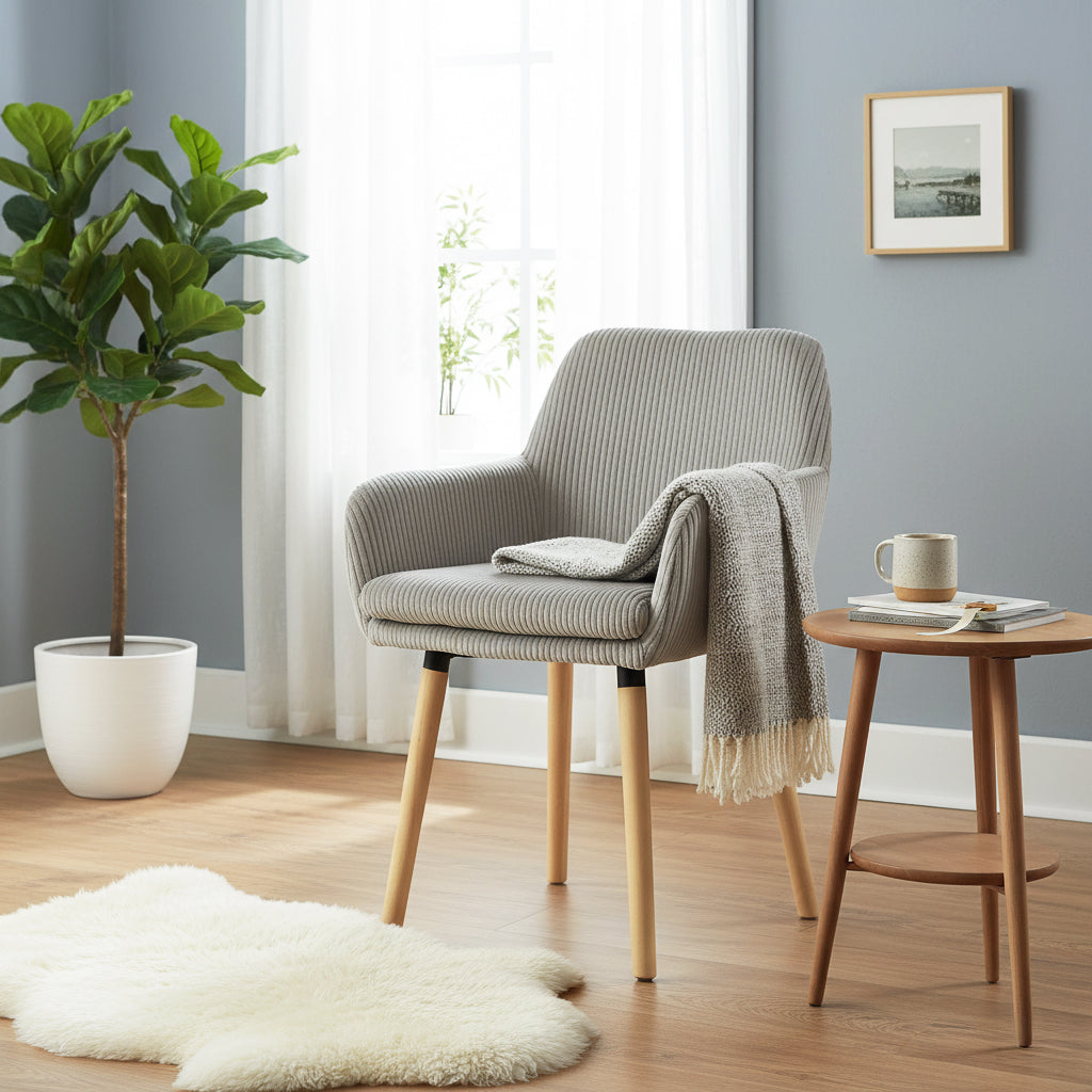 Elia - Ensemble de 2 chaises de salle à manger scandinaves en velours côtelé gris clair avec accoudoirs et pieds en bois