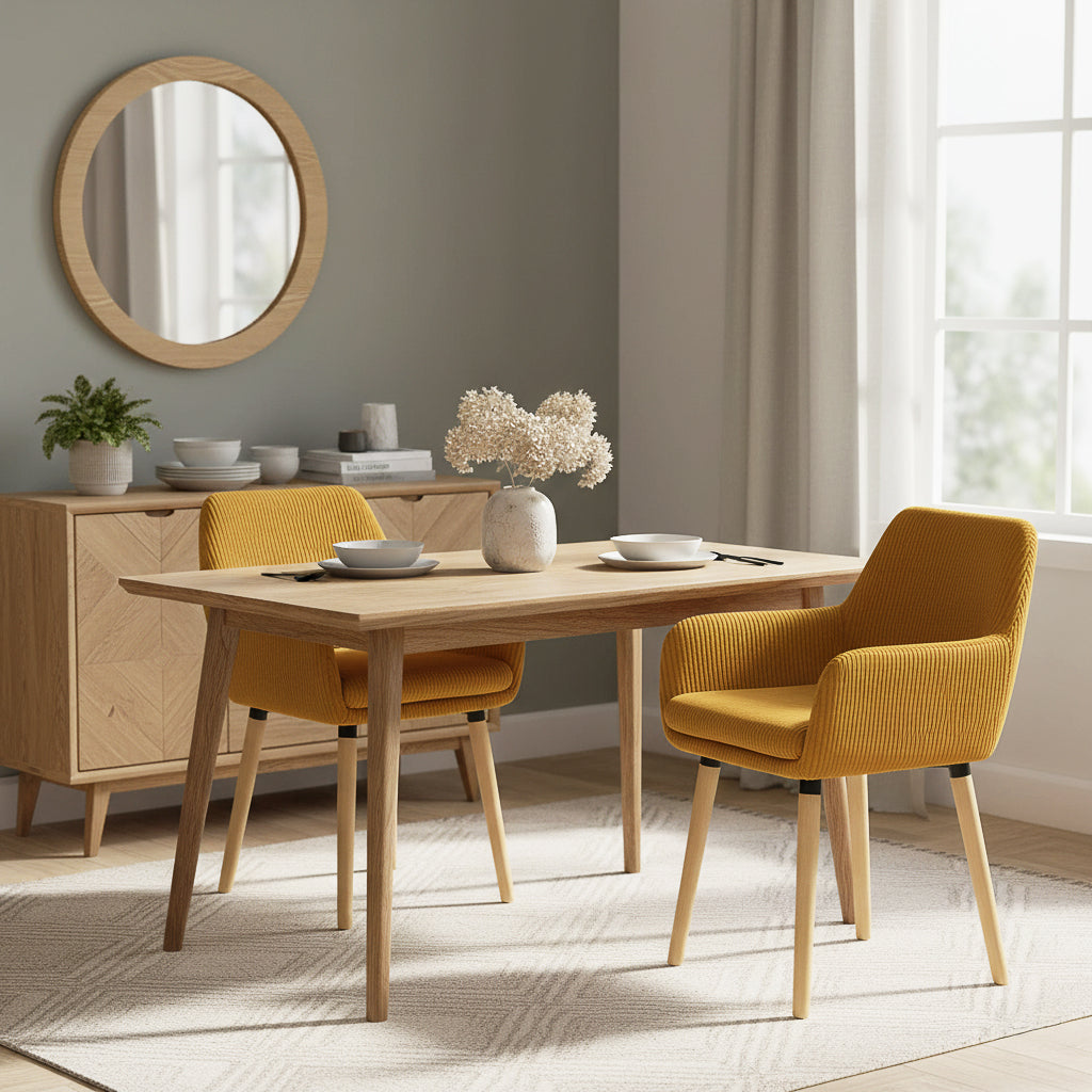 Elia - Ensemble de 2 chaises de salle à manger scandinaves en velours côtelé jaune avec accoudoirs et pieds en bois