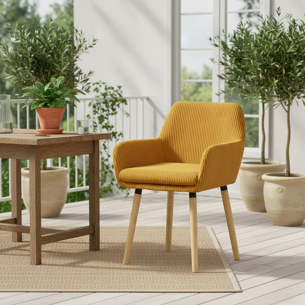 Elia - Ensemble de 2 chaises de salle à manger scandinaves en velours côtelé jaune avec accoudoirs et pieds en bois