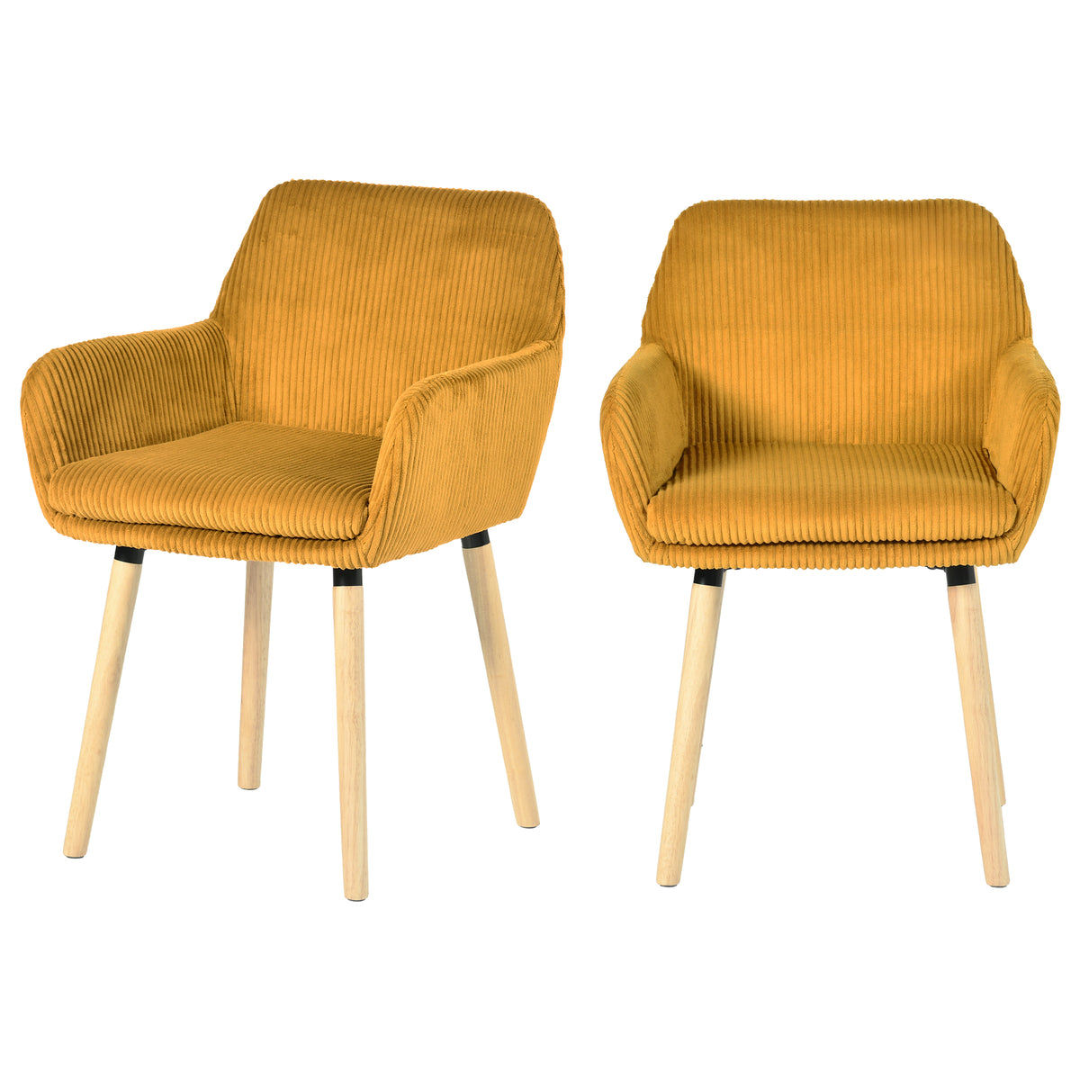 Elia - Ensemble de 2 chaises de salle à manger scandinaves en velours côtelé jaune avec accoudoirs et pieds en bois