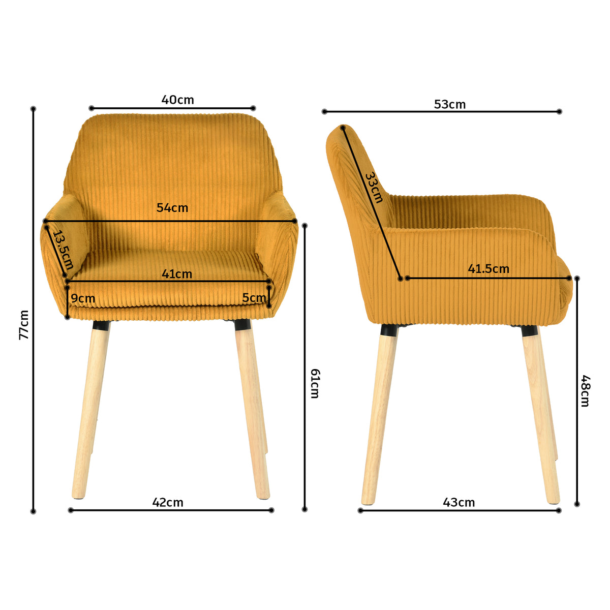 Elia - Ensemble de 2 chaises de salle à manger scandinaves en velours côtelé jaune avec accoudoirs et pieds en bois