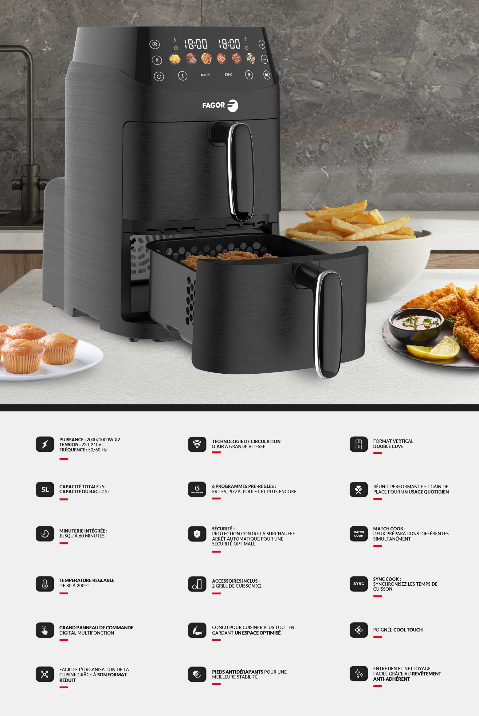 Friteuse à air chaud Air fryer double panier 5L 2000W Noir