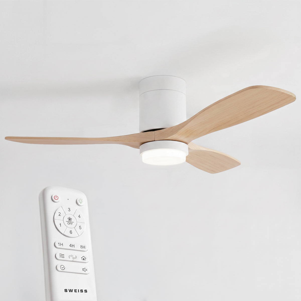 Ventilateur de plafond avec LED, 6 vitesses, Bois clair