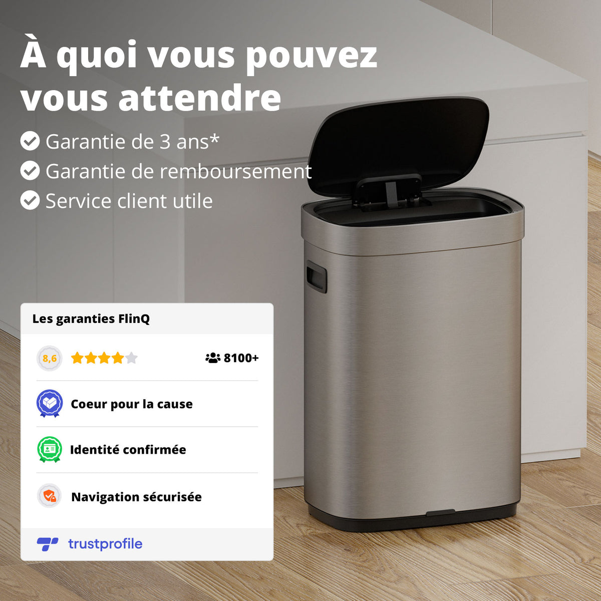 Poubelle Mira avec couvercle à fermeture douce et voyant d'état LED 50 litres Noire
