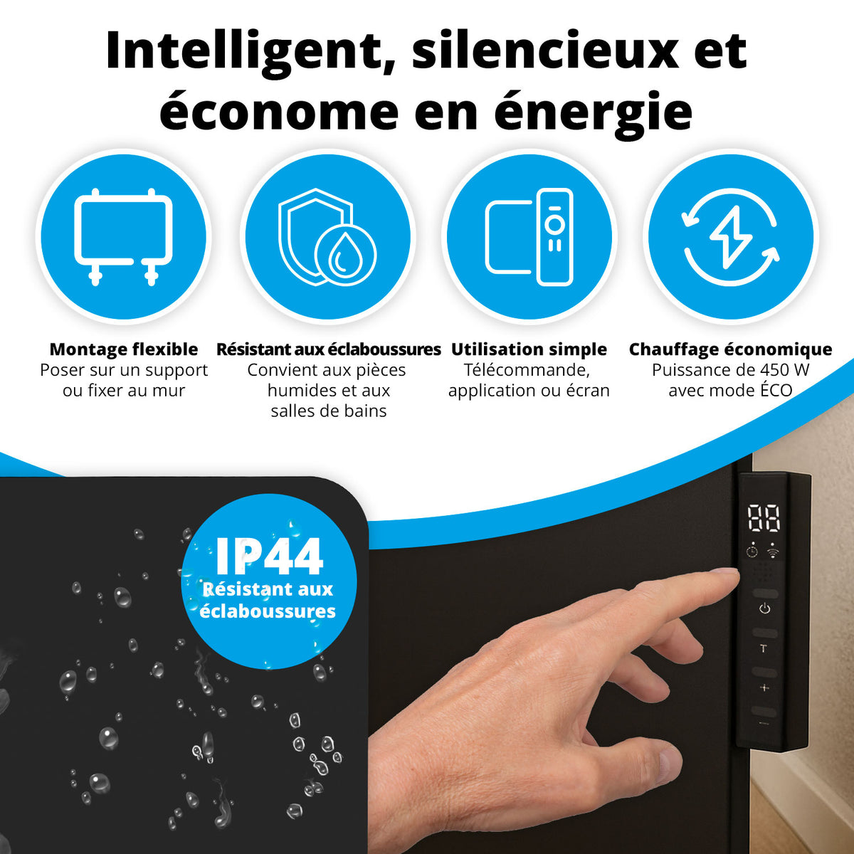 Chauffage infrarouge intelligent - Panneau chauffant électrique 450 W - Noir