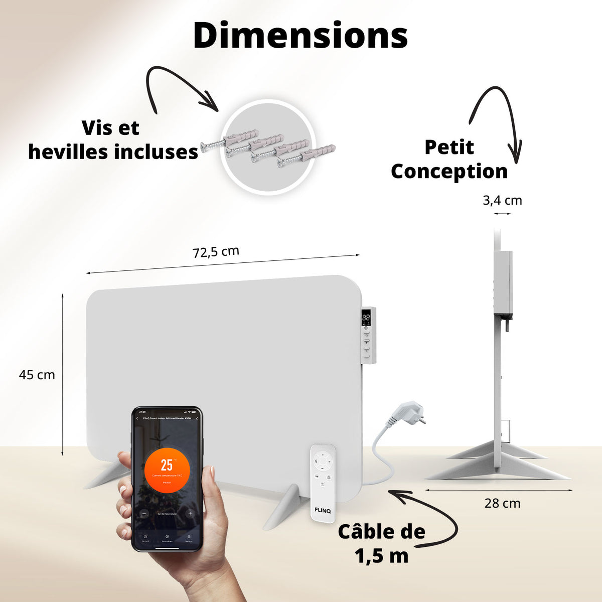 Chauffage infrarouge intelligent - Panneau chauffant électrique 450 W - Blanc