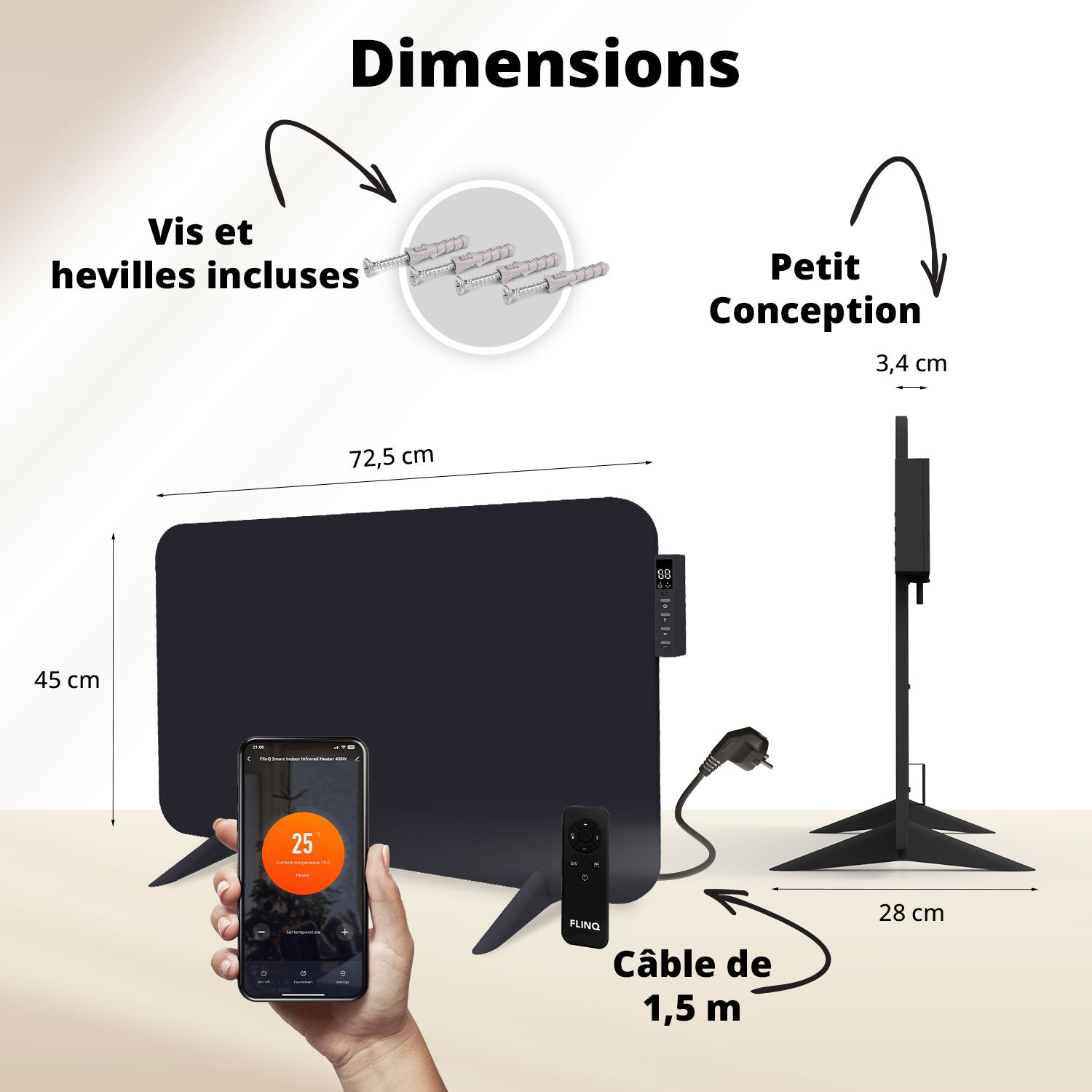 Chauffage infrarouge intelligent - Panneau chauffant électrique 450 W - Noir