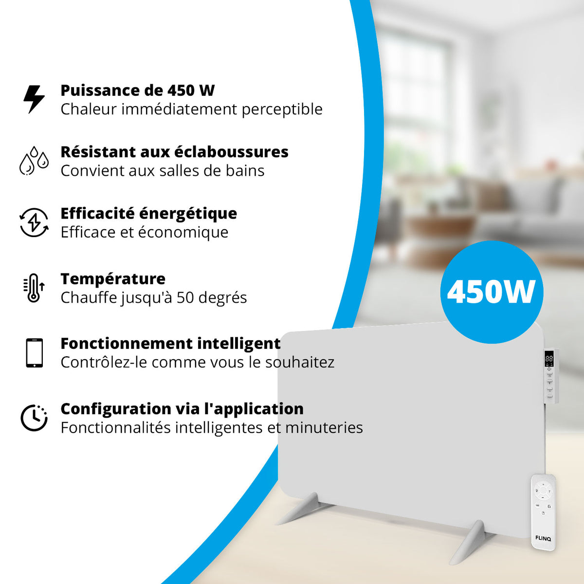 Chauffage infrarouge intelligent - Panneau chauffant électrique 450 W - Blanc