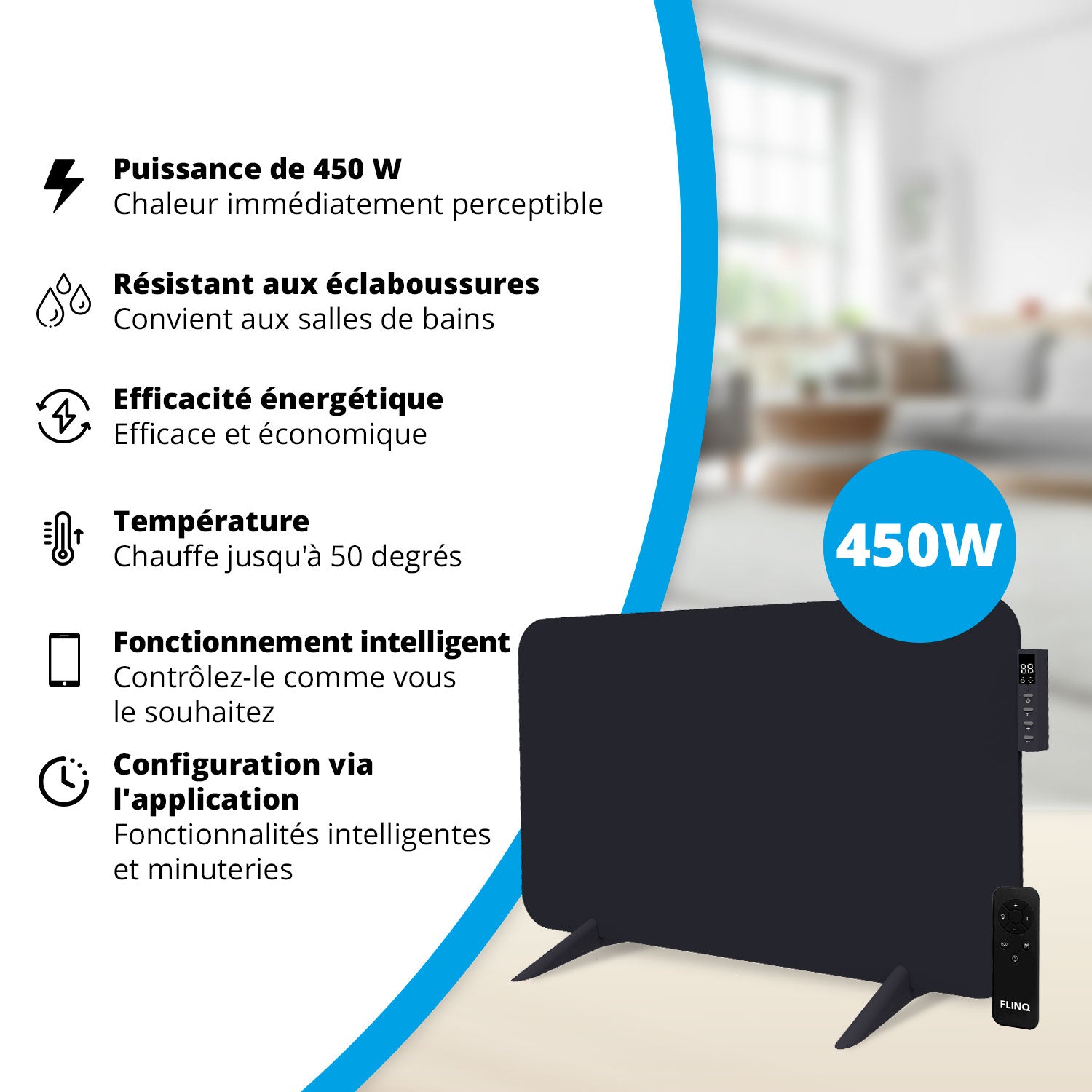 Chauffage infrarouge intelligent - Panneau chauffant électrique 450 W - Noir