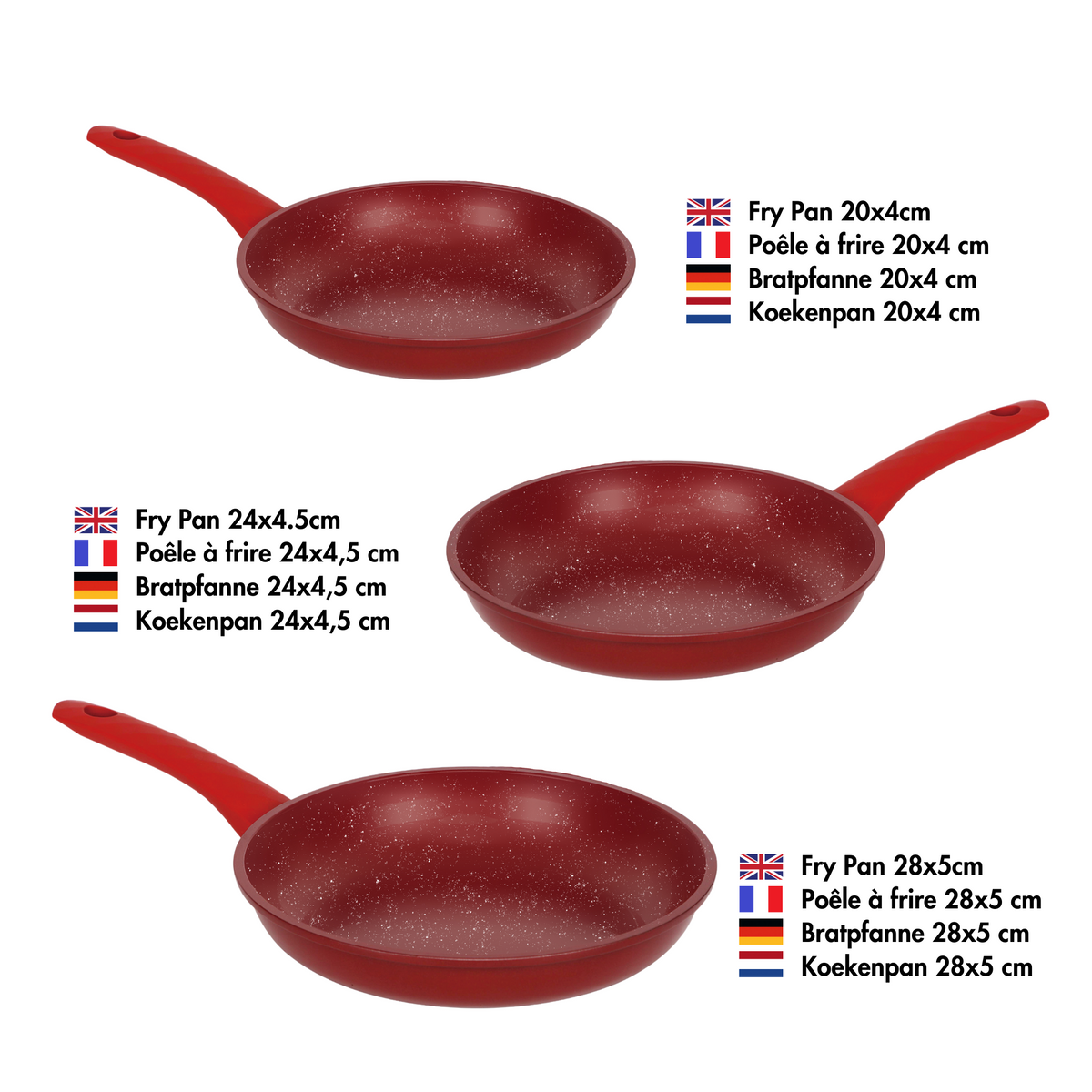 Ensemble de poêles à frire forgées revêtement en marbre Rouge 3 pièces tous feux