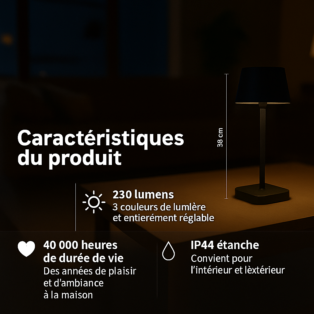 Lampe de table - Rechargeable - Intensité variable avec mode mémoire - 3 niveaux d'éclairage - 38 cm - Blanche