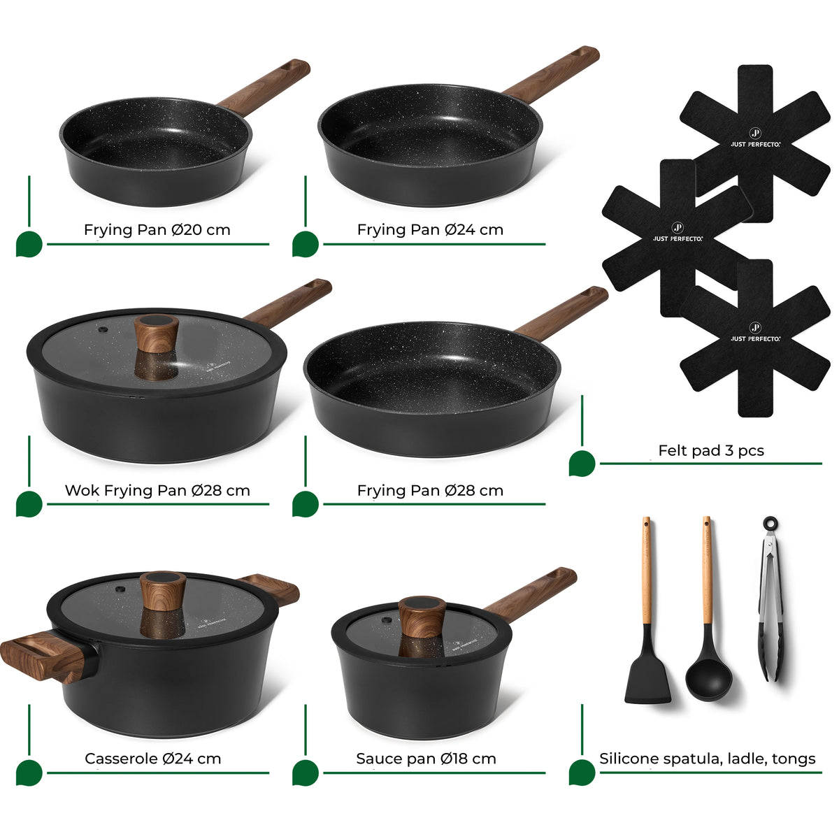 Batterie de cuisine 15 pièces antiadhésives en Granit noir - Tous feux dont induction