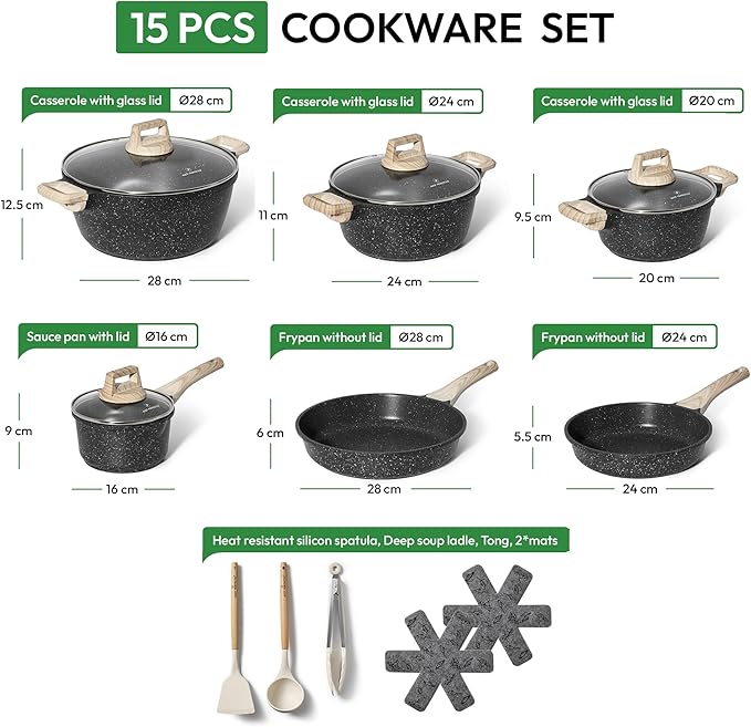 Batterie de Cuisine 15 pièces antiadhésives en Granit noir - Tous feux dont induction