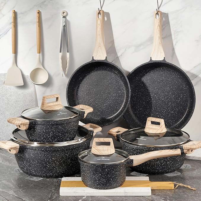 Batterie de Cuisine 15 pièces antiadhésives en Granit noir - Tous feux dont induction