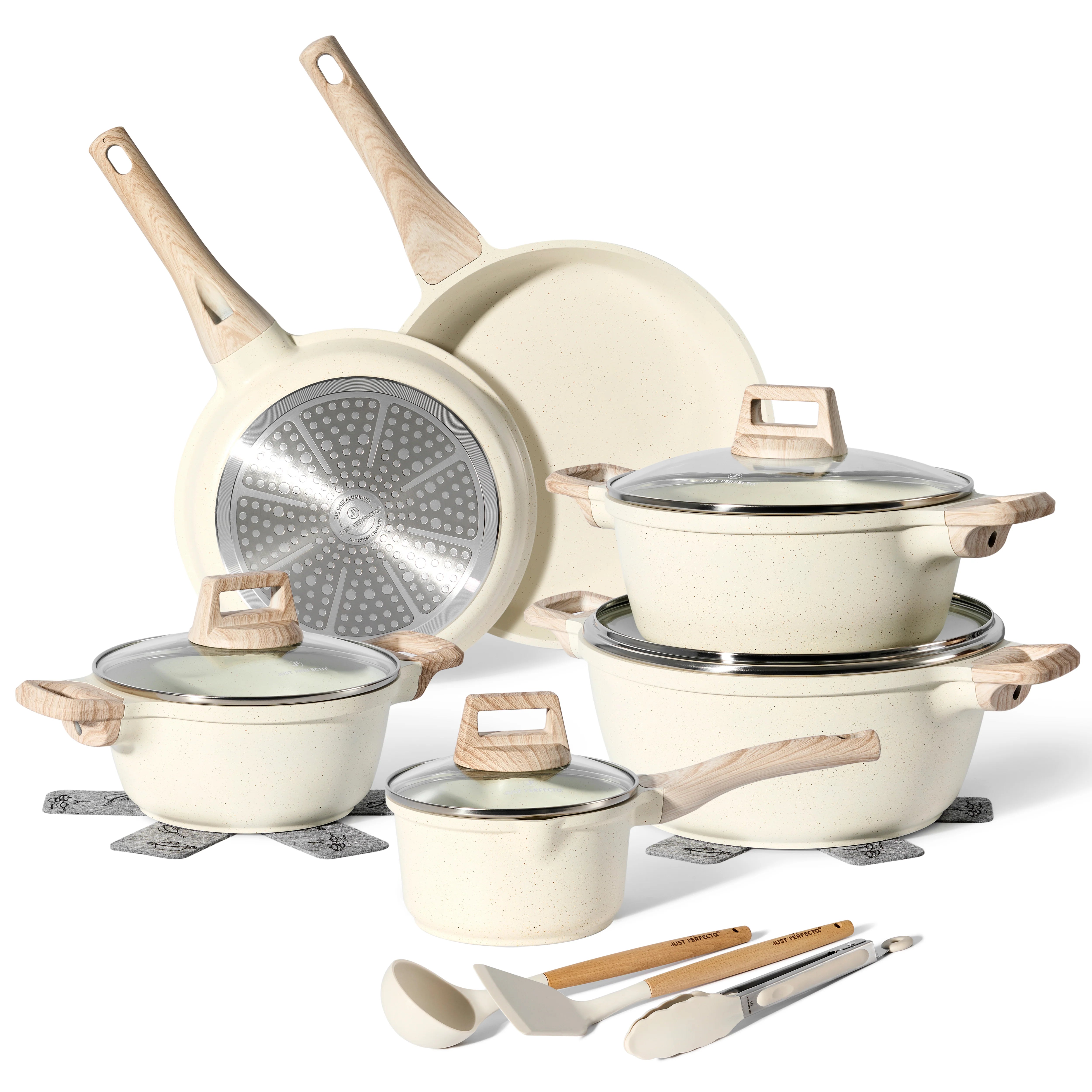 Batterie de Cuisine 15 Pièces Antiadhésives en Granit beige - Tous feux dont induction