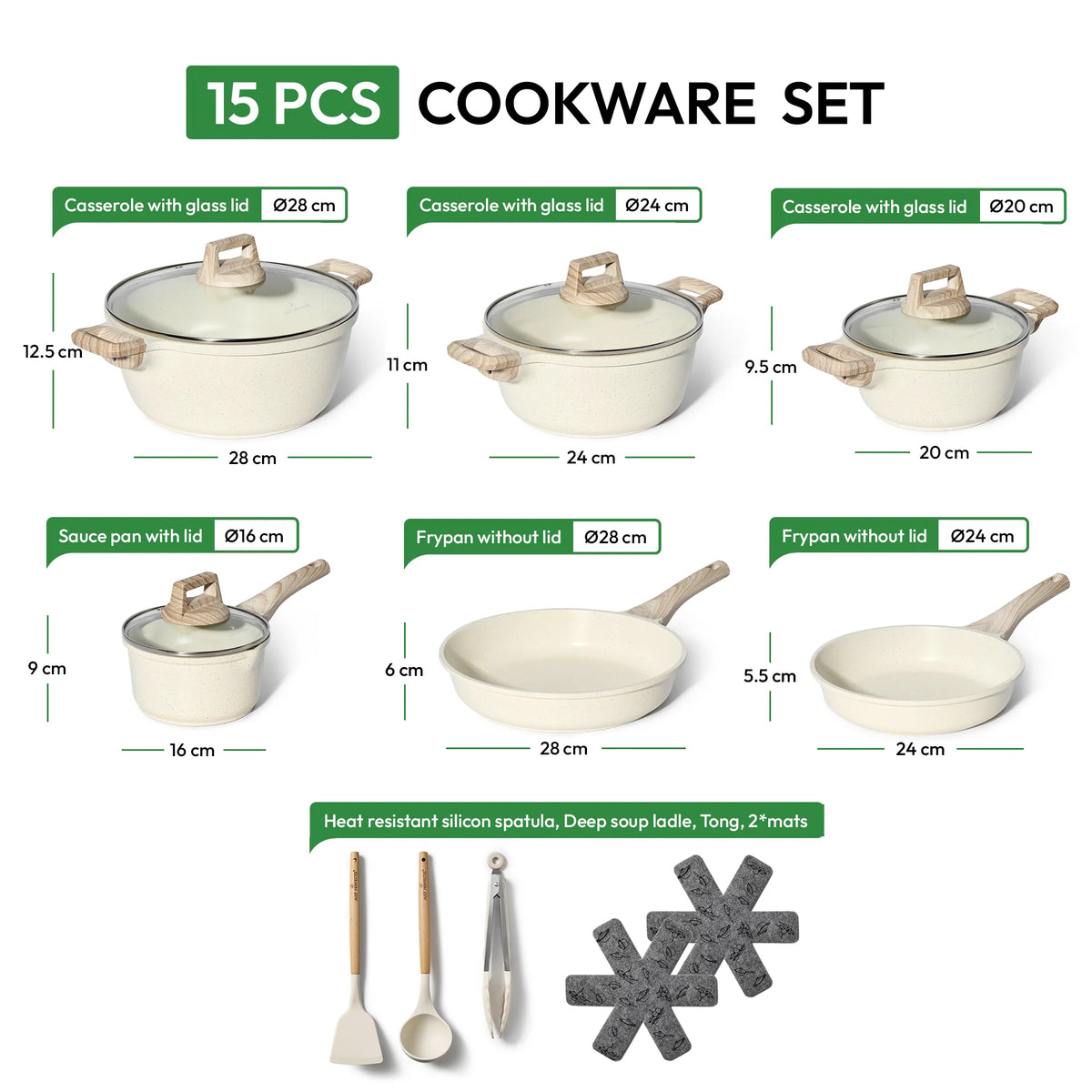 Batterie de Cuisine 15 Pièces Antiadhésives en Granit beige - Tous feux dont induction