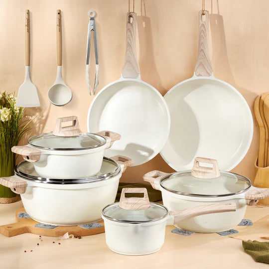 Batterie de Cuisine 15 Pièces Antiadhésives en Granit beige - Tous feux dont induction