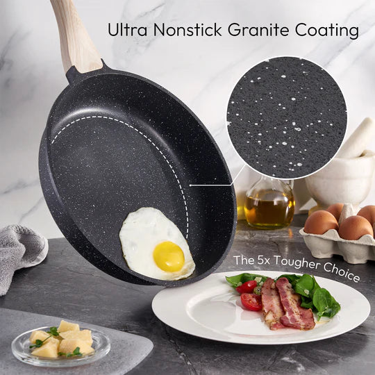 Batterie de Cuisine 14 pièces avec cuisseur à vapeur Antiadhésives en Granit noir- Tous feux dont induction