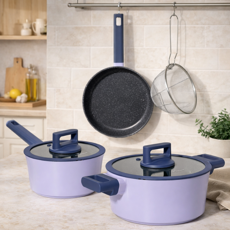 Batterie de cuisine 6 pièces à revêtement marbré avec couvercles tous feux dont induction Violet