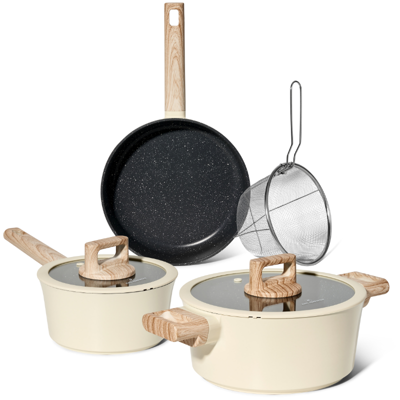 Batterie de cuisine 6 pièces à revêtement marbré avec couvercles tous feux dont induction Beige
