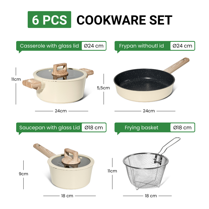 Batterie de cuisine 6 pièces à revêtement marbré avec couvercles tous feux dont induction Beige
