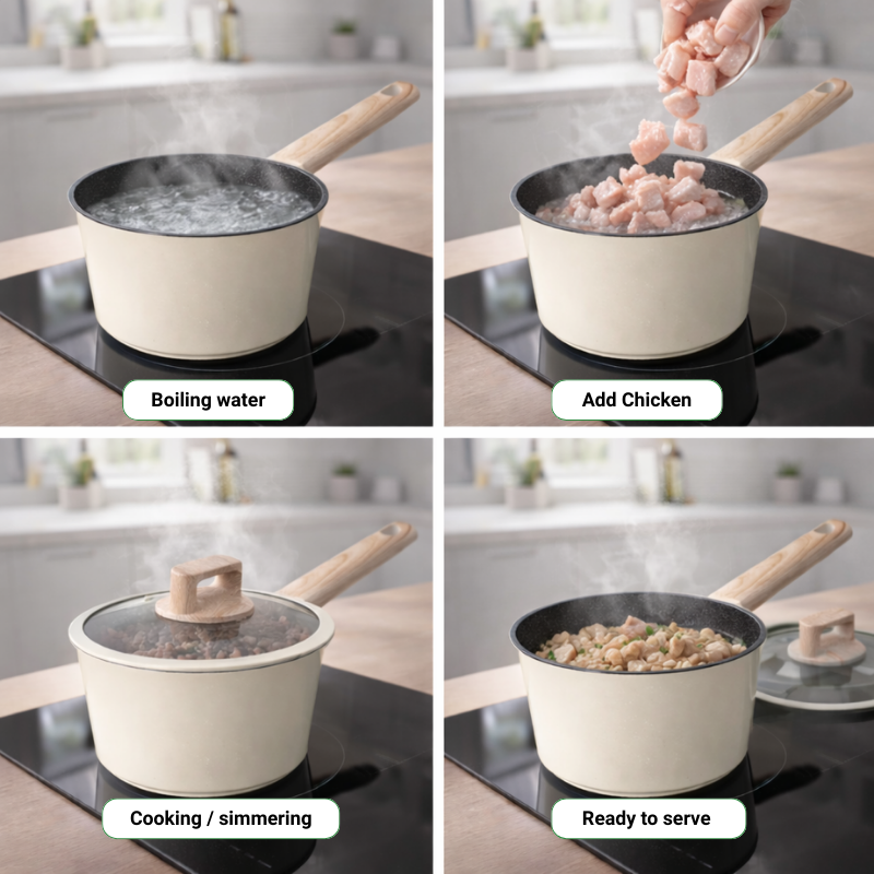 Batterie de cuisine 6 pièces à revêtement marbré avec couvercles tous feux dont induction Beige