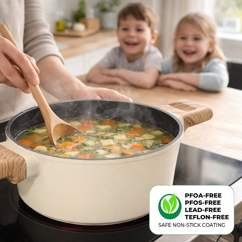 Batterie de cuisine 6 pièces à revêtement marbré avec couvercles tous feux dont induction Beige