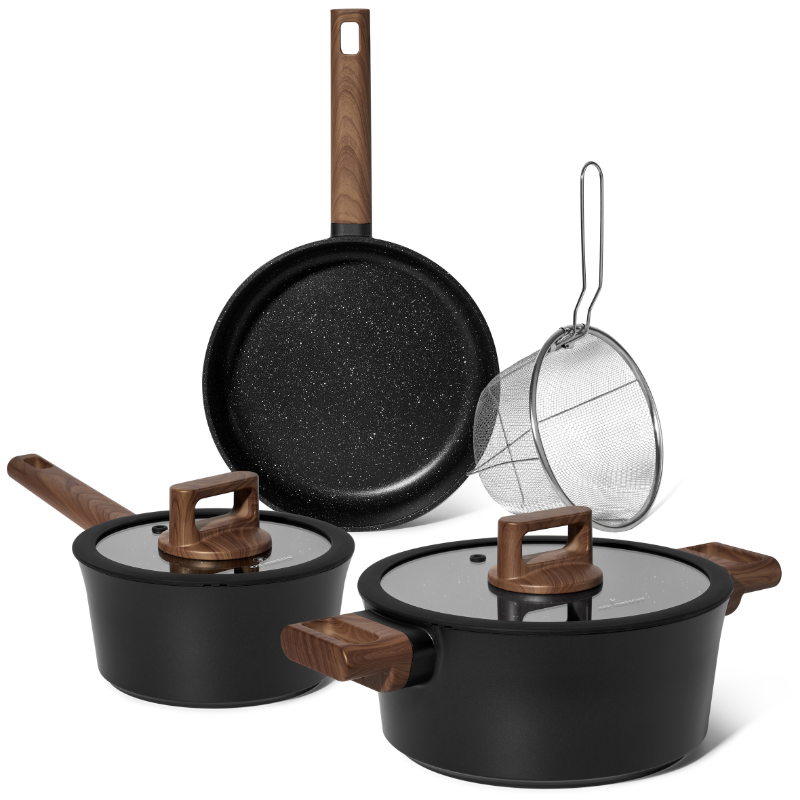 Batterie de cuisine 6 pièces à revêtement marbré avec couvercles tous feux dont induction Noir