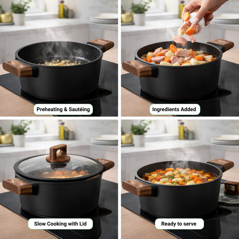 Batterie de cuisine 6 pièces à revêtement marbré avec couvercles tous feux dont induction Noir