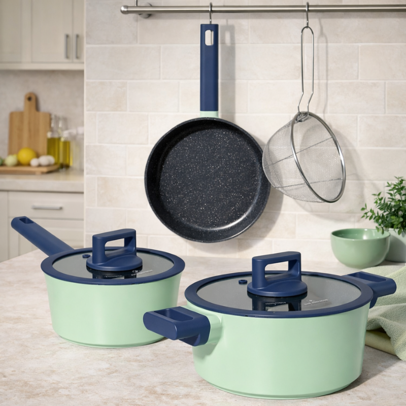 Batterie de cuisine 6 pièces à revêtement marbré avec couvercles tous feux dont induction Vert