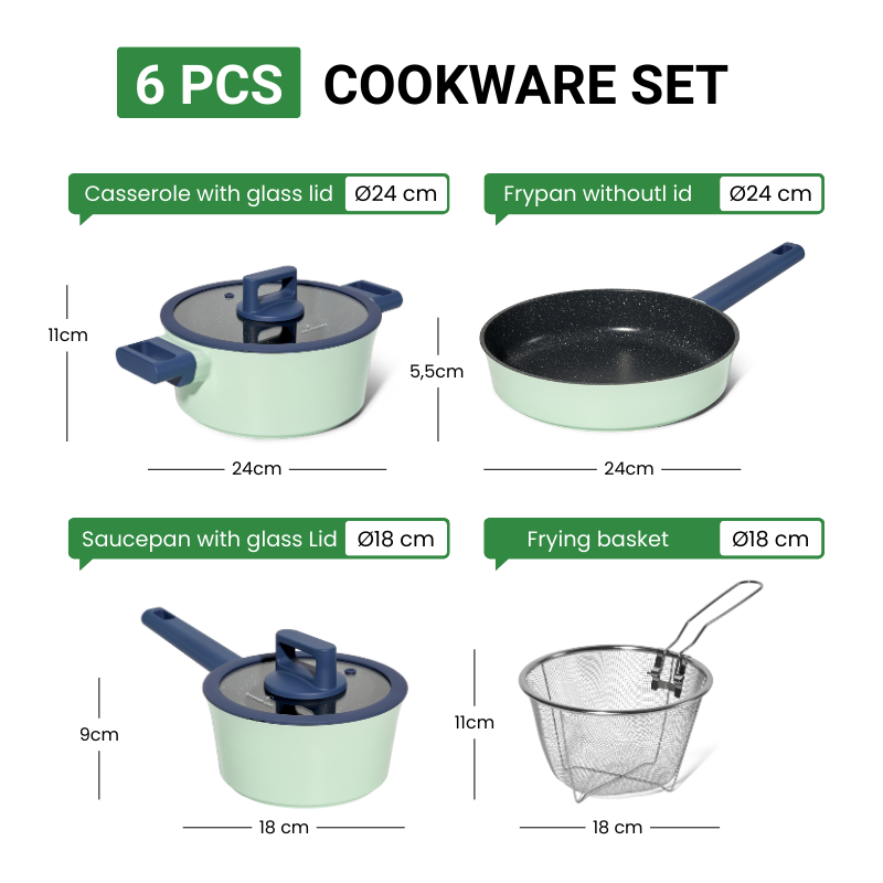 Batterie de cuisine 6 pièces à revêtement marbré avec couvercles tous feux dont induction Vert