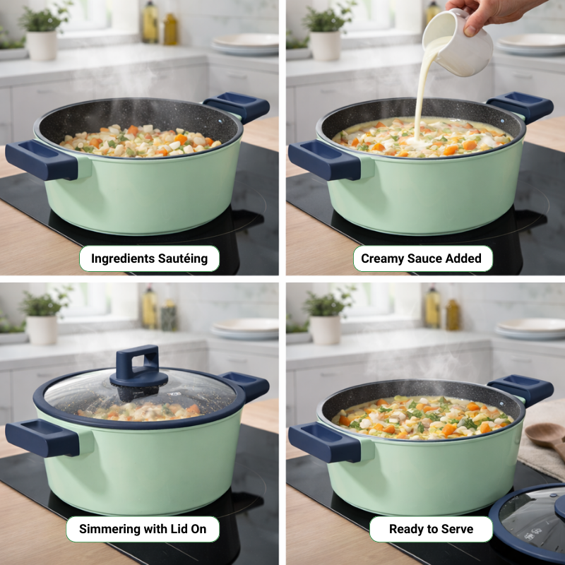 Batterie de cuisine 6 pièces à revêtement marbré avec couvercles tous feux dont induction Vert
