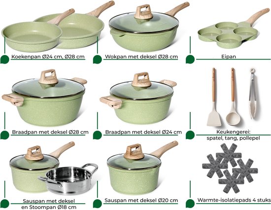 Batterie de Cuisine 21 pièces Antiadhésives en Granit vert - Tous feux dont induction