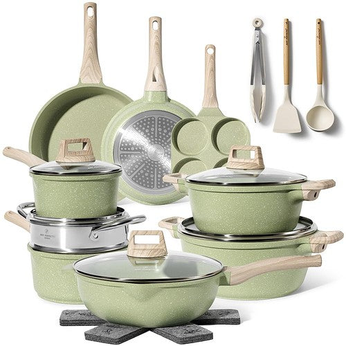 Batterie de Cuisine 21 pièces Antiadhésives en Granit vert - Tous feux dont induction