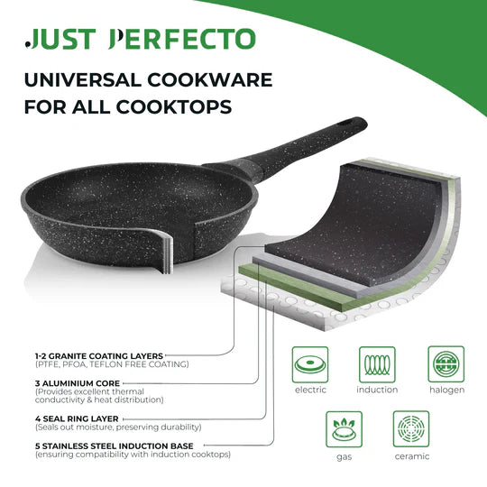 Batterie de Cuisine 14 pièces avec cuisseur à vapeur Antiadhésives en Granit noir- Tous feux dont induction