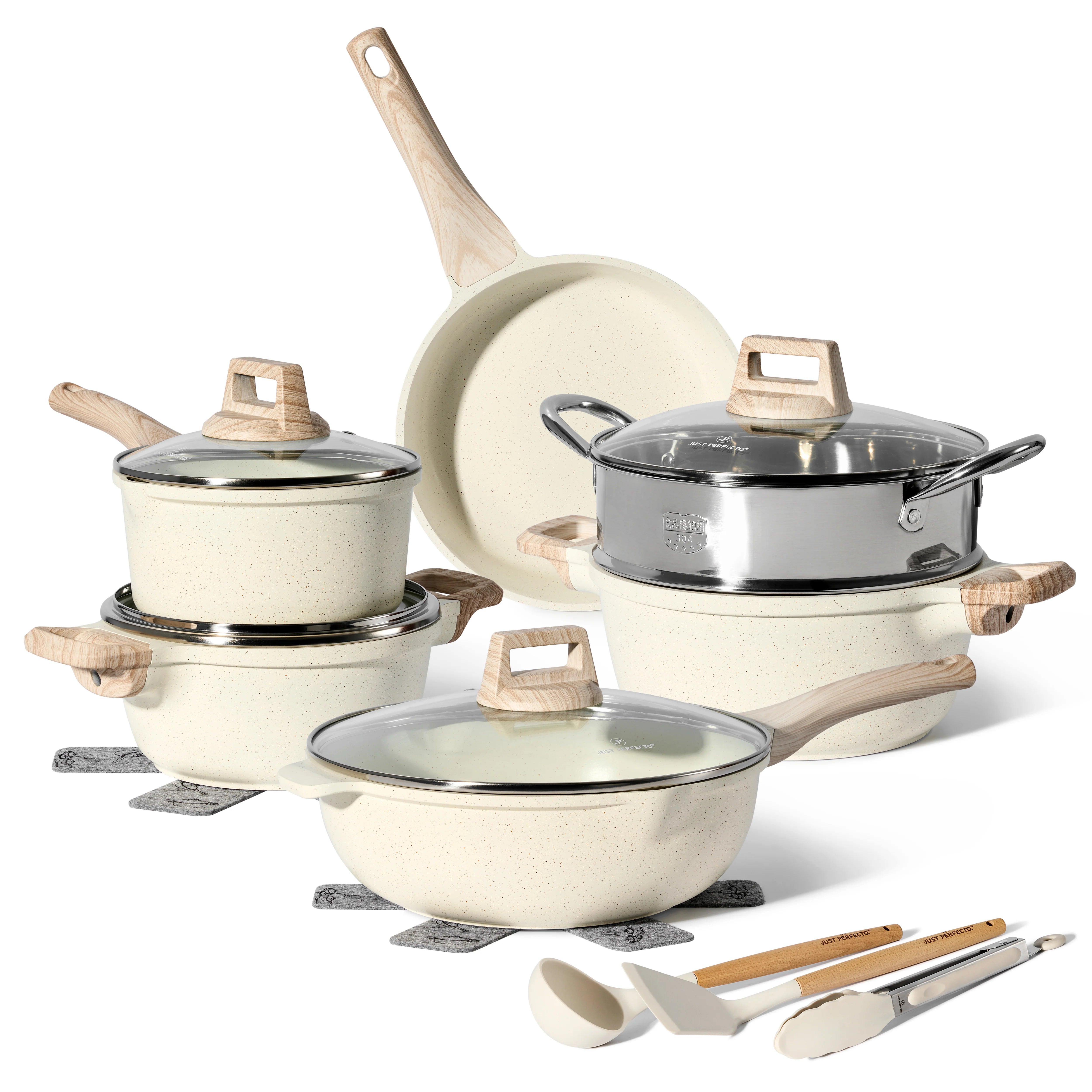 Batterie de Cuisine 15 pièces avec cuisseur à vapeur Antiadhésives en Granit beige - Tous feux dont induction