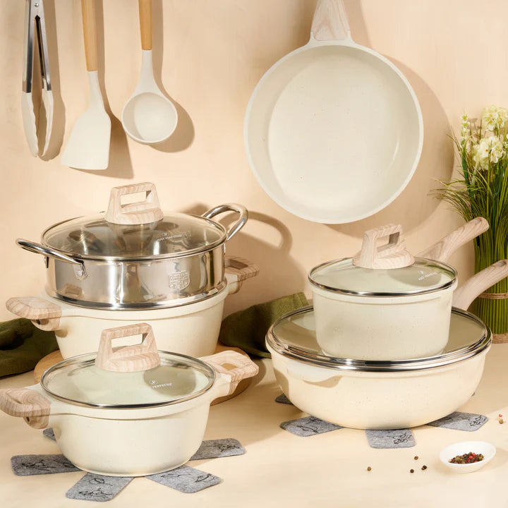 Batterie de Cuisine 15 pièces avec cuisseur à vapeur Antiadhésives en Granit beige - Tous feux dont induction