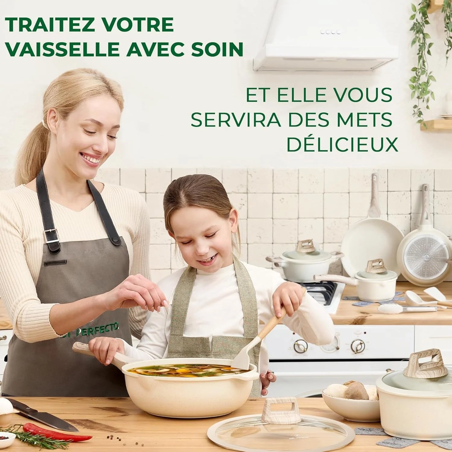 Batterie de Cuisine 14 pièces Antiadhésives en Granit beige - Tous feux dont induction