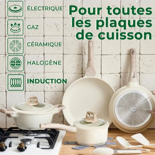 Batterie de Cuisine 14 pièces Antiadhésives en Granit beige - Tous feux dont induction