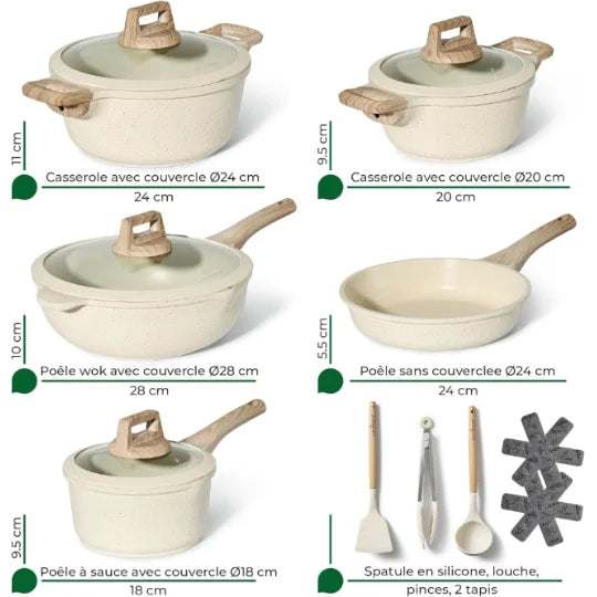 Batterie de Cuisine 14 pièces Antiadhésives en Granit beige - Tous feux dont induction