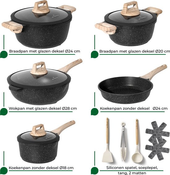 Batterie de Cuisine 14 pièces Antiadhésives en Granit Noir - Tous feux dont induction