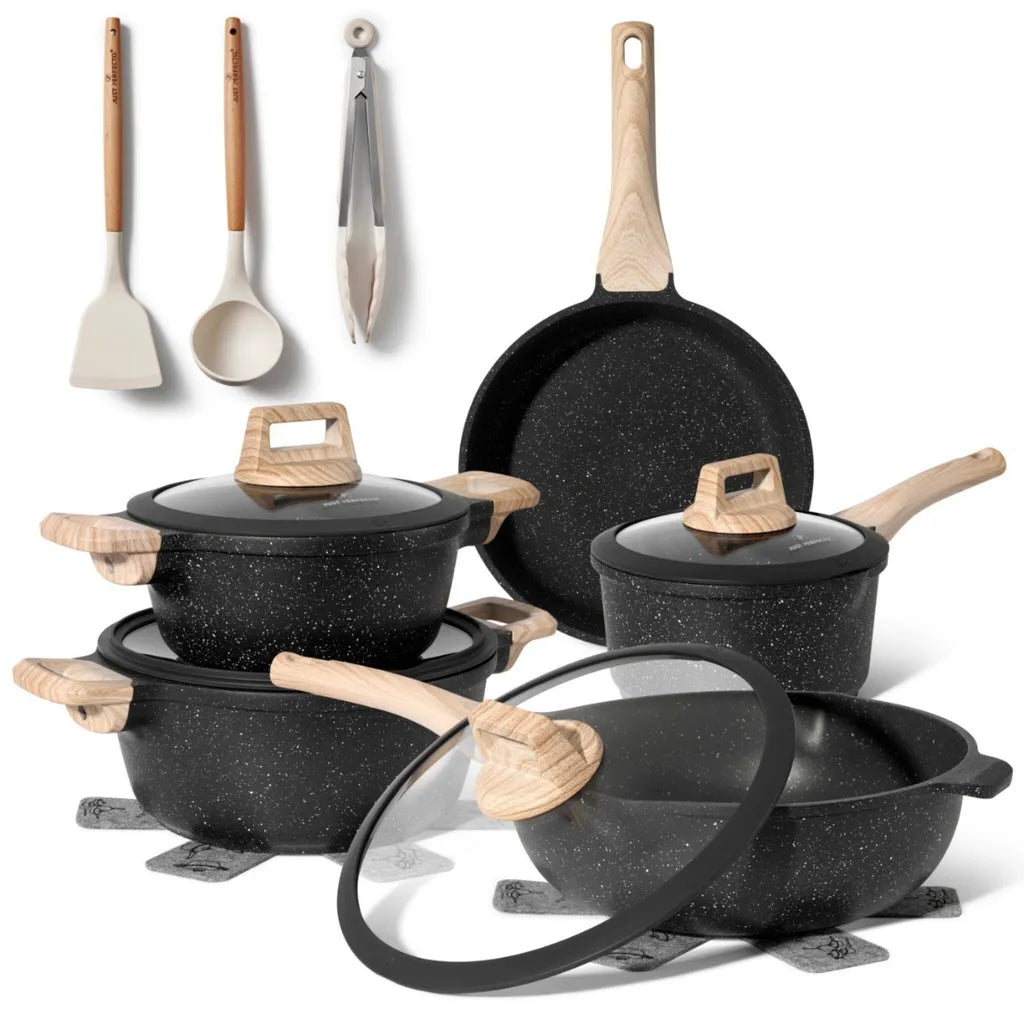 Batterie de Cuisine 14 pièces Antiadhésives en Granit Noir - Tous feux dont induction
