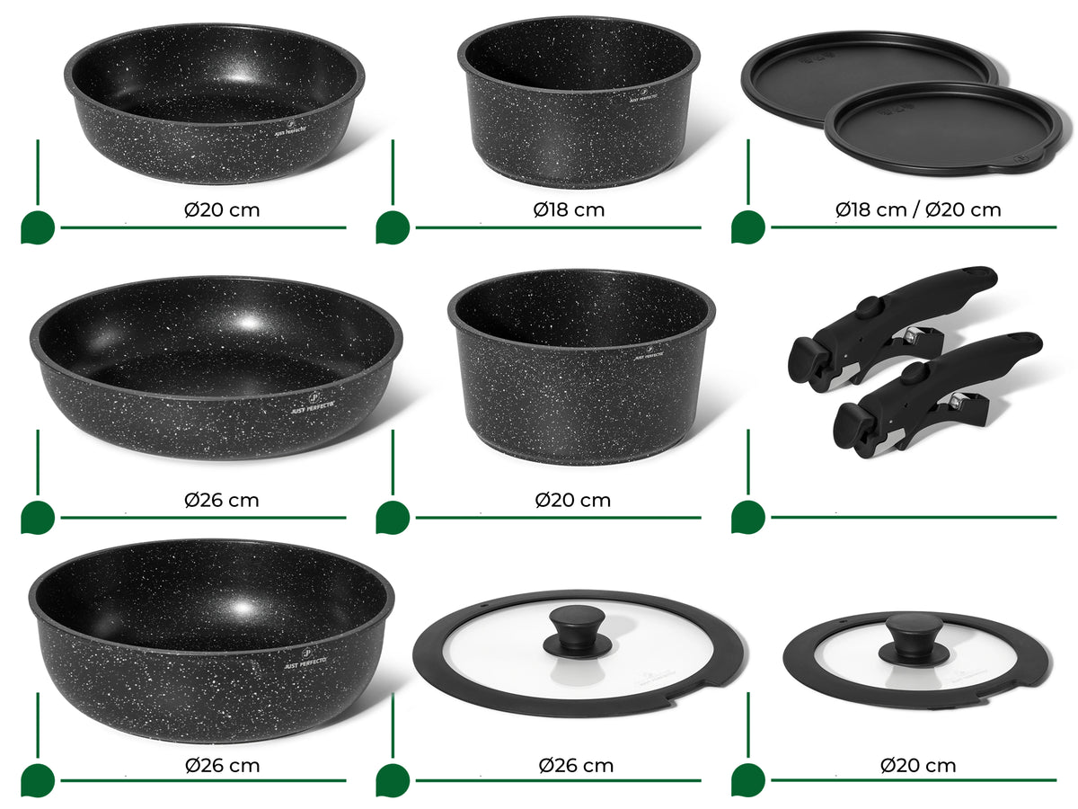 Batterie de cuisine 11 pièces avec poignées amovibles  en Granit noir - Tous feux dont induction