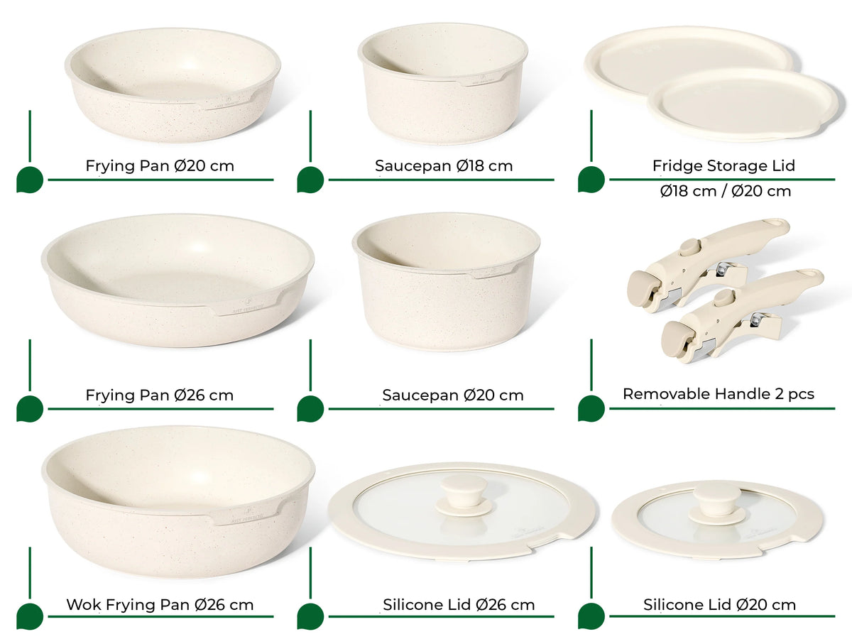 Batterie de cuisine 11 pièces avec poignées amovibles  en Granit Beige - Tous feux dont induction